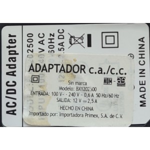 ADAPTADOR AC / NUMERO DE PARTE BX1202500 / 12VCD - 2.5A	